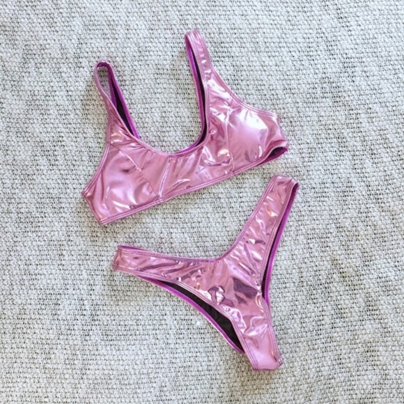 Sexy Metallic Pink Bikini Two Piece Swim Suit NEW - Picture 2 of 5